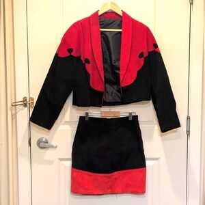 Incredible 80s M/9 Black and Red Suede Western Co-Ord Set (Jacket and Skirt)